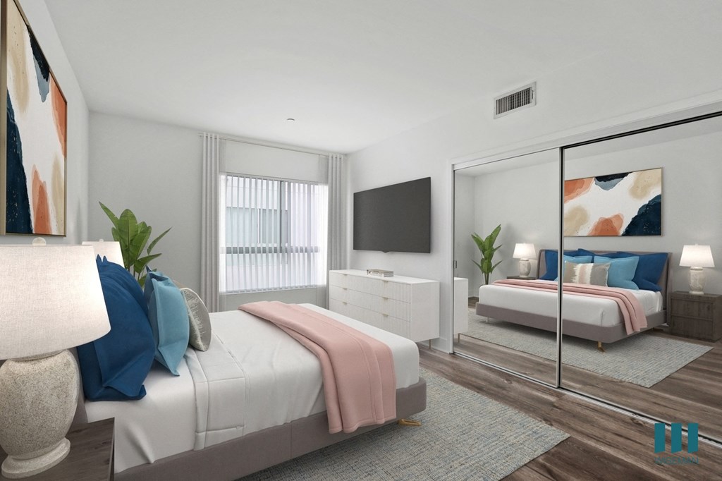 Bedroom with Mirrored Closet, Vinyl Flooring, and Large Windows