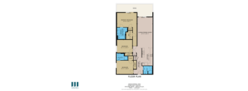 A floor plan for a home with a living/dining room, two bedrooms, two bathrooms, and a patio.