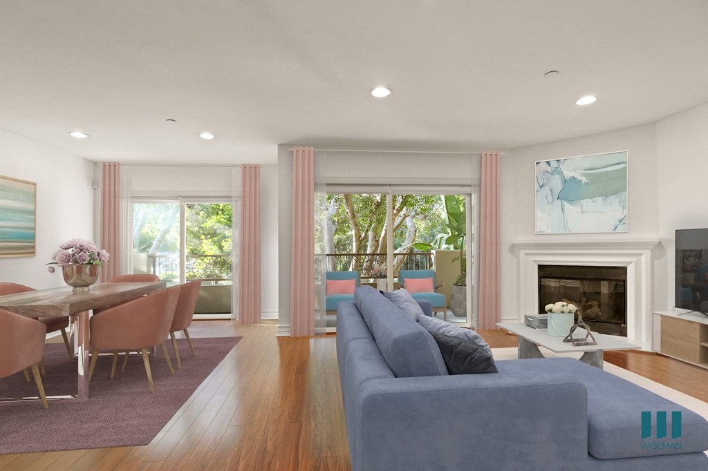 Spacious Dining and Living Room with Recessed Lighting, Vinyl Flooring, Electric Fireplace, and Balcony