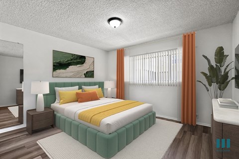 A bedroom with a large bed and a painting on the wall.