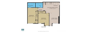 A floor plan of a home with two bedrooms, a living room, a kitchen/dining room, and two bathrooms.