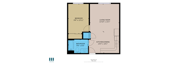 A floor plan of an apartment with a bedroom, living room, kitchen/dining area, and bathroom.