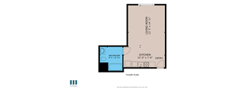 A floor plan shows a living room, kitchen, and bathroom layout.
