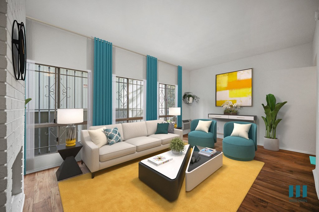 A modern living room with a white couch, blue chairs, and a yellow rug.