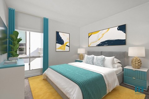 A bedroom with a large bed and a painting on the wall.