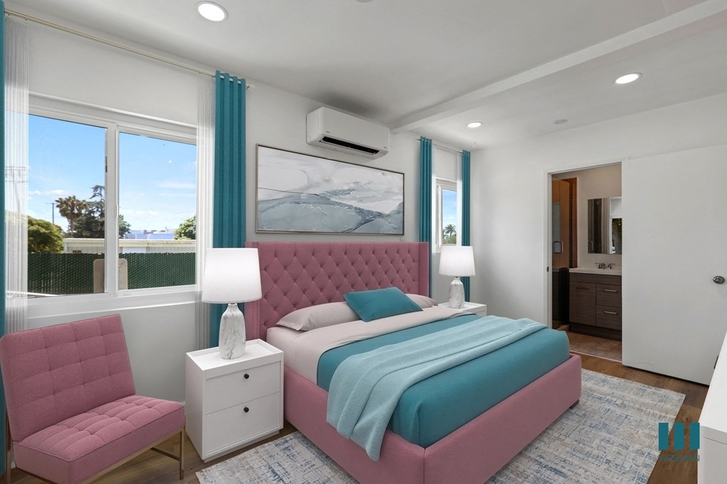 Bedroom with Vinyl Flooring, Large-Size Windows, and Bathroom