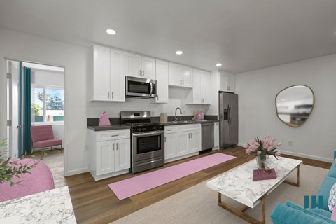 a kitchen with white cabinets and stainless steel appliances and a pink rug