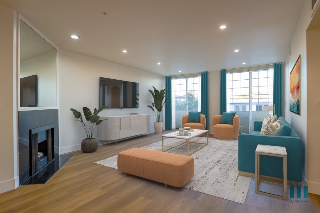 Living Room with Electric Fireplace, Recessed Lighting, Vinyl Flooring, and Patio