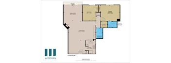 A floor plan for a home with a living room, two bedrooms, a bathroom, and a kitchen.