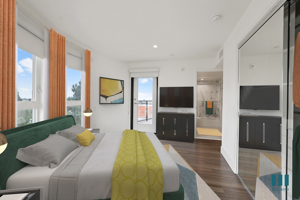 Modern Bedroom with a Bathroom, Mirrored Closet, and Patio