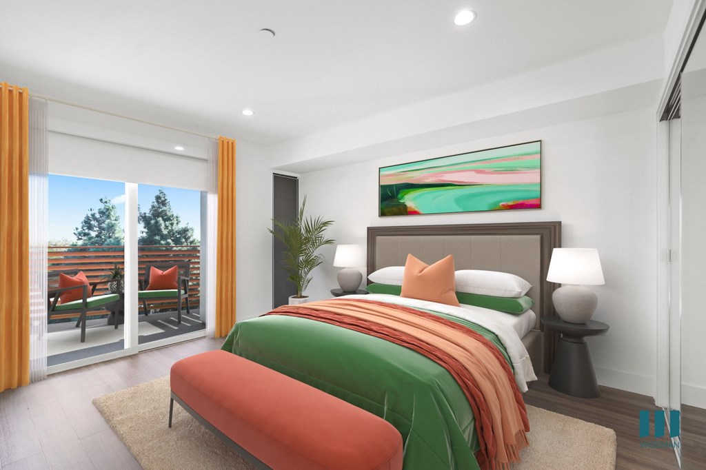 Spacious Bedroom with Vinyl Flooring, Recessed Lighting, and Patio