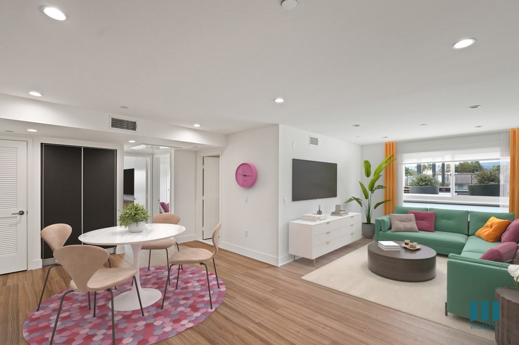 Dining and Living Room with Large-Size Windows and Built-In Storage Cabinets