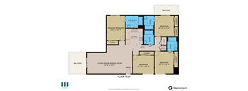 A floor plan of an apartment with a living room, dining room, and four bedrooms.