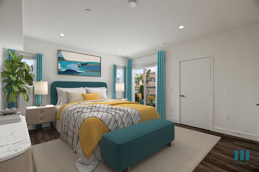 Large-Size Bedroom with Patio, Recessed Lighting, and Vinyl Flooring