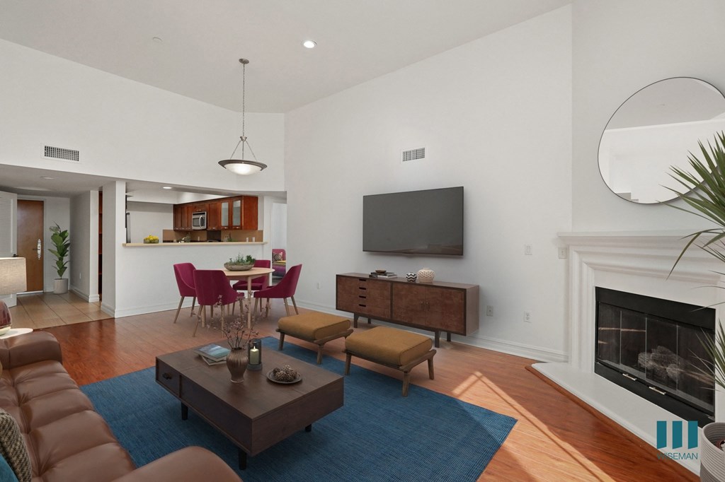 Kitchen, Dining, and Living Room with Electric Fireplace