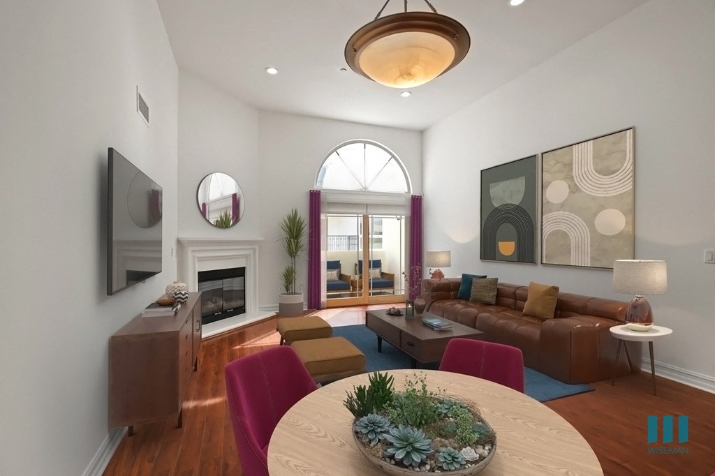 Dining and Living Room with High Ceilings, Vinyl Flooring, Recessed Lighting and Patio