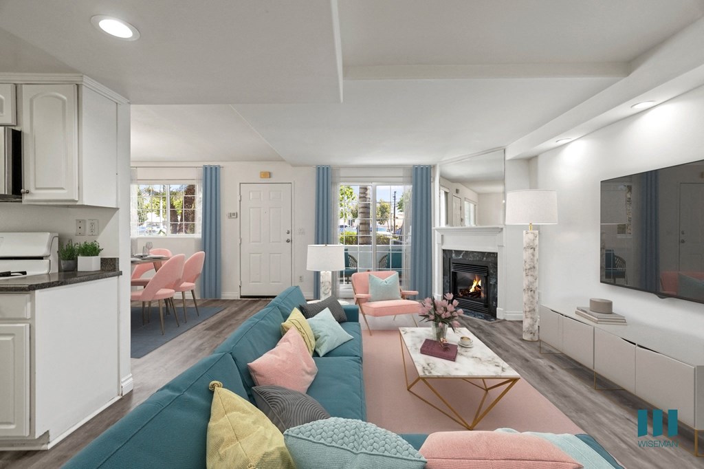 Open-Concept Kitchen, Dining, and Living Room with Electric Fireplace and Large-Size Windows