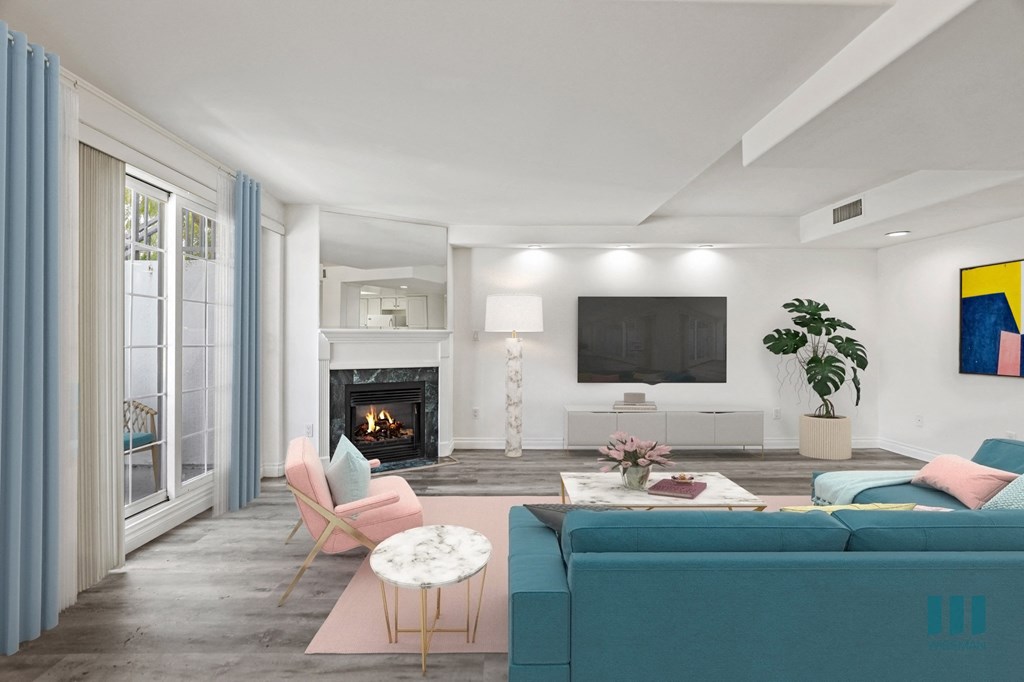 Living Room with Patio, Large-Size Windows, Electric Fireplace, and Vinyl Flooring
