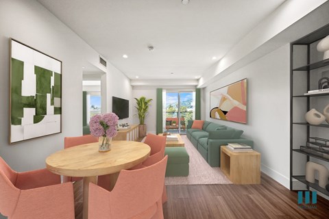A modern living room with a wooden table and pink chairs.