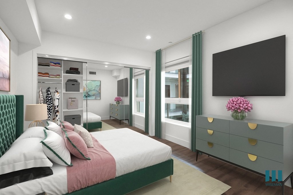 Bedroom with Vinyl Flooring, Large-Size Windows, and Mirrored Closet with Shelving
