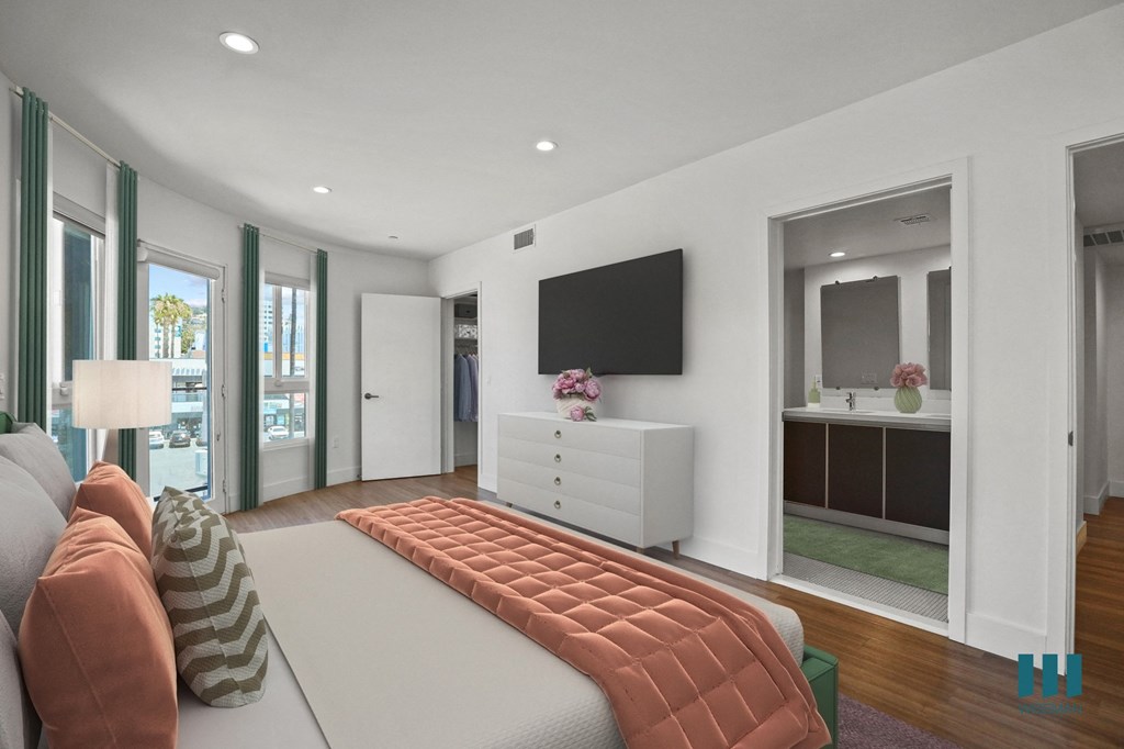 Bedroom with Walk-In Closet with Built-In Organizers, and Bathroom