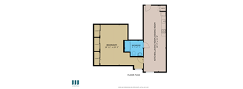 A floor plan of a room with a bedroom, bathroom, kitchen, and pantry.