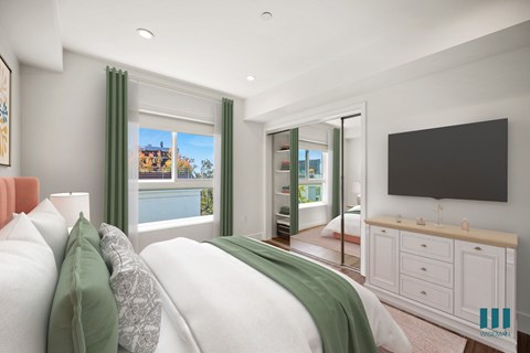 Bedroom with Large-Size Windows, Mirrored Closet with Shelving, Vinyl Flooring, and Recessed Lighting