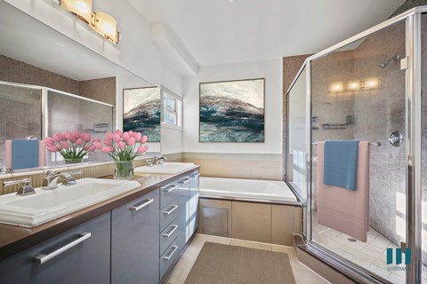 a bathroom with a sink and a shower and a tub