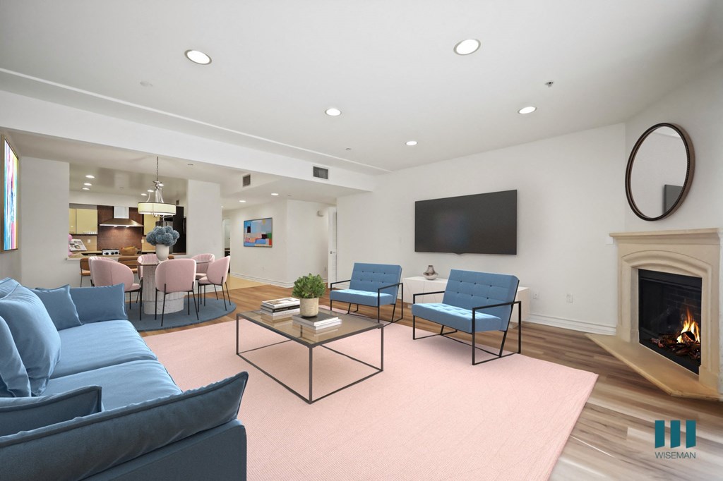 Large-Size Open-Concept Kitchen, Dining, and Living Room Space with Fireplace