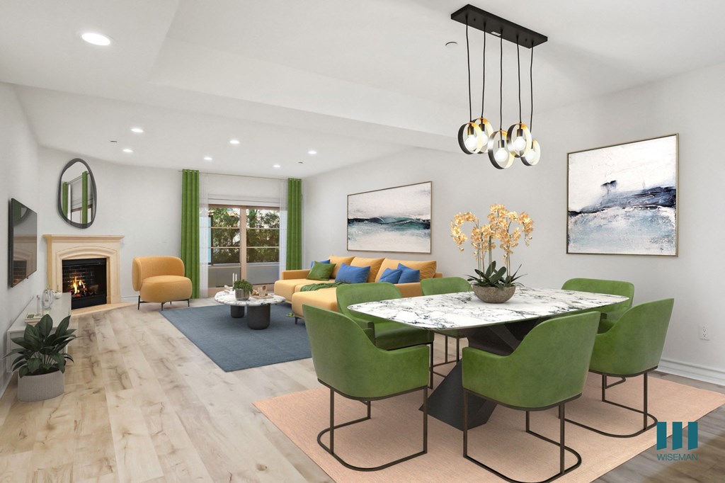 Open-Concept Kitchen and Living Room with Fireplace and Patio