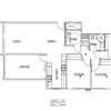 A floor plan of a house with a kitchen, living room, dining room, and two bedrooms.