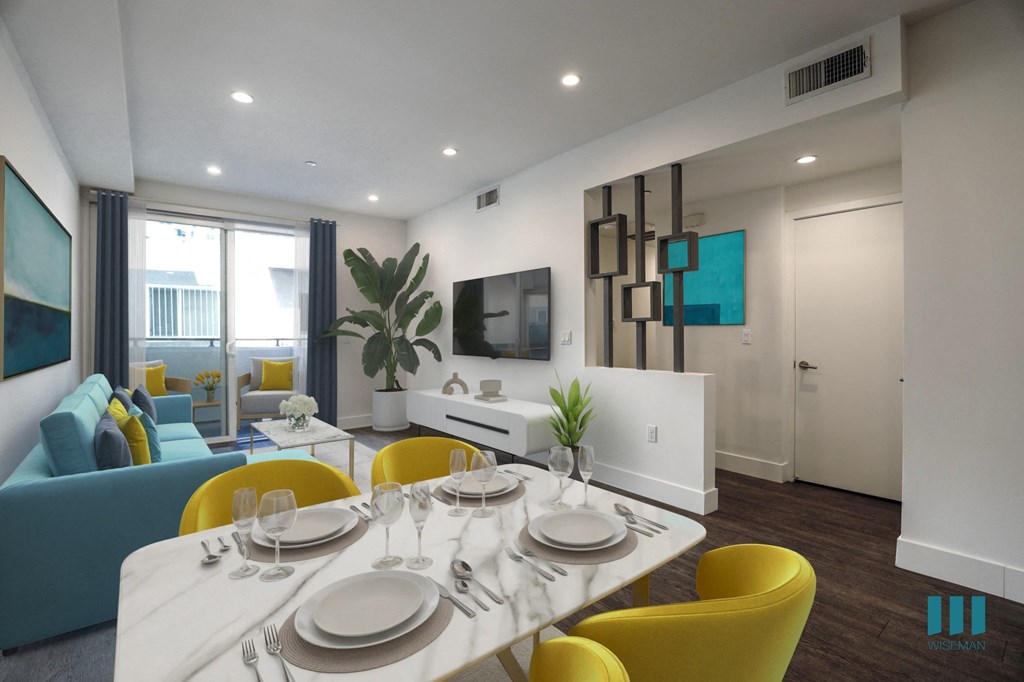 Open-Concept Dining and Living Room with Patio