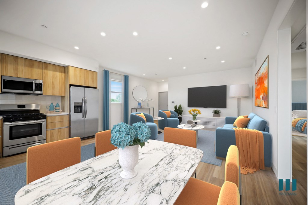 a rendering of a living room and dining room with a table and chairs