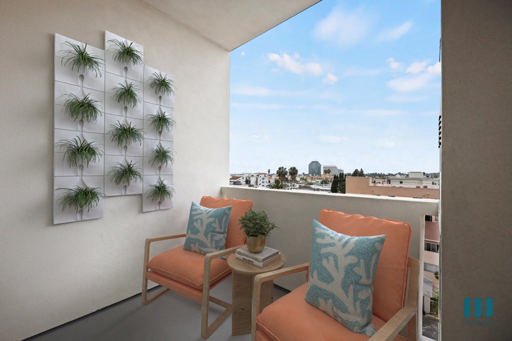 a balcony with two orange chairs and a window with plants
