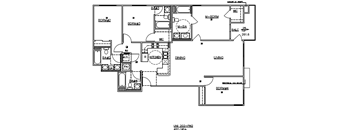 A floor plan of a living space with labeled rooms and appliances.