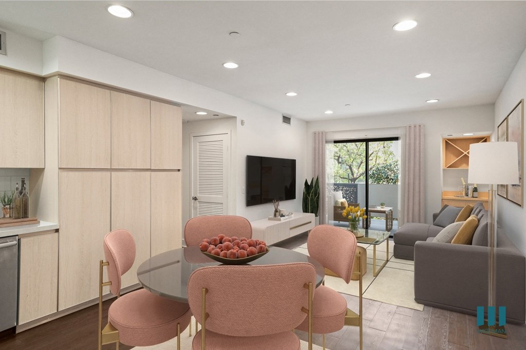 Open-Concept Floor Plan with Built-In Cabinet Storage and Patio