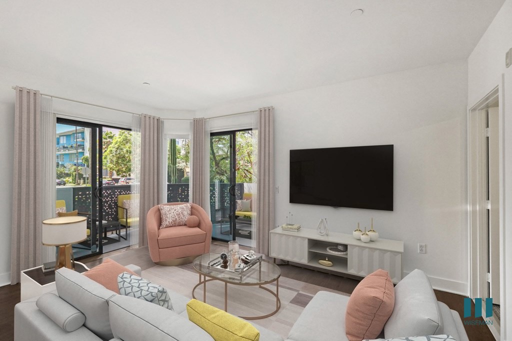 Living Room with Vinyl Flooring, Recessed Lighting , and Patio
