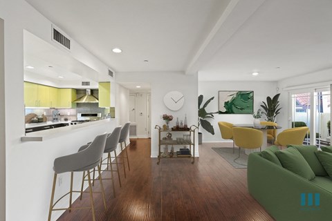 Open-Concept Kitchen with Large-Size Countertop Bar, Dining, and Living Room Space with Patio