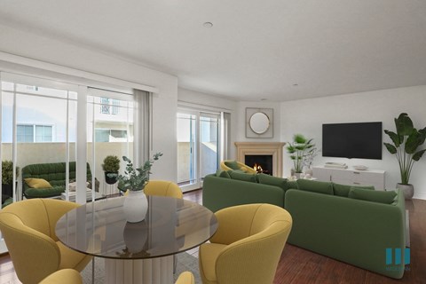 Large-Size Living and Dining Room Space with Vinyl Flooring and Patio