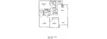 A floor plan of a living space showing a kitchen, dining area, and living room.
