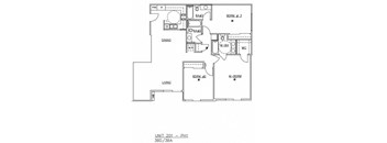 A floor plan of a living area with a dining area and a kitchen.