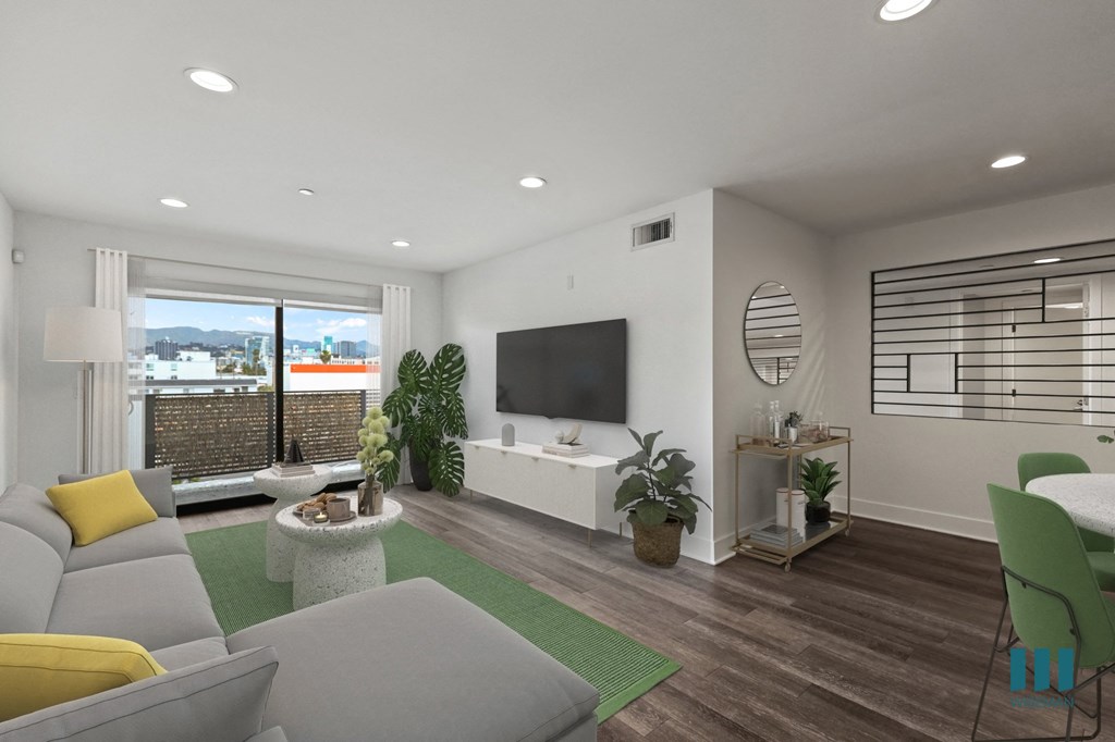 Living Room with Vinyl Flooring, Recessed Lighting, and Balcony Living Room with Vinyl Flooring, Recessed Lighting, and Balcony