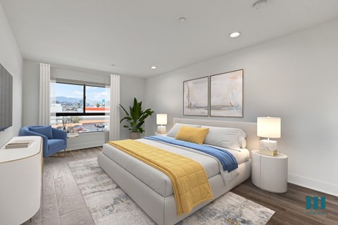 Spacious Bedroom with Vinyl Flooring, Recessed Lighting, and Large-Size Windows