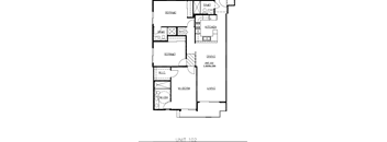 A floor plan of a living space with a kitchen and dining area.