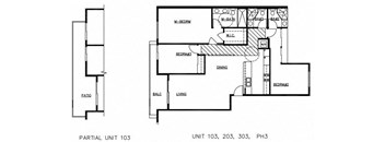 A floor plan of a residential unit showing a bedroom, living room, dining area, kitchen, and bathroom.