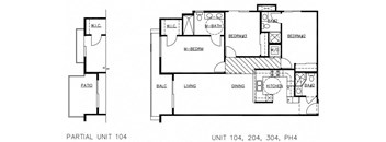 A floor plan of a residential unit showing a living area, kitchen, and bedrooms.