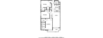 A floor plan of a residential unit with labeled rooms such as kitchen, dining, and bedrooms.