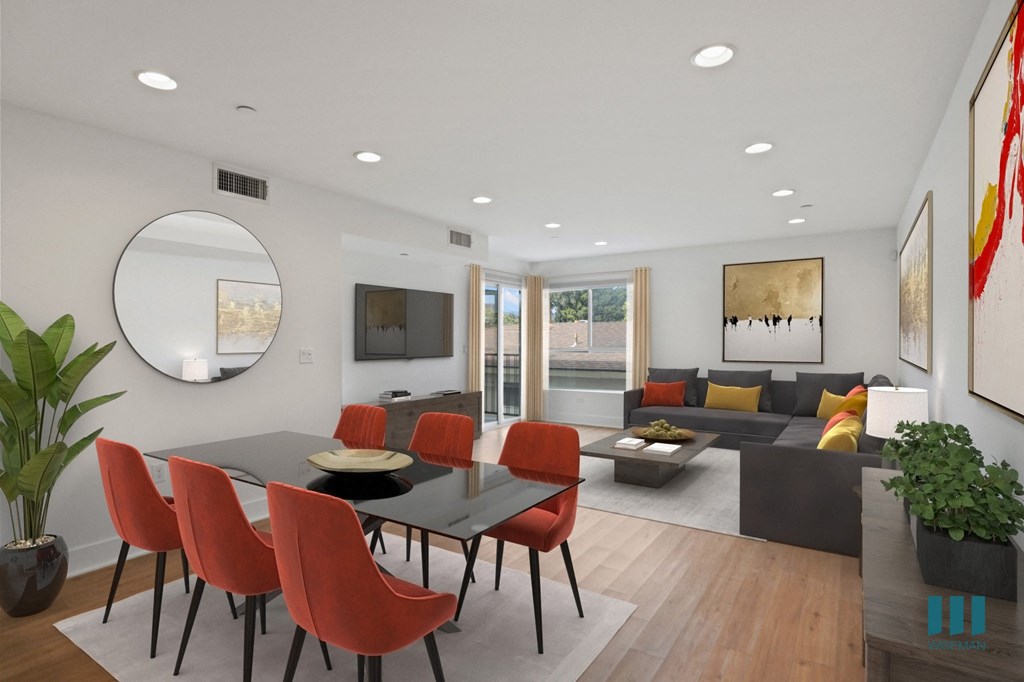 Open-Concept Dining and Living Room with Patio