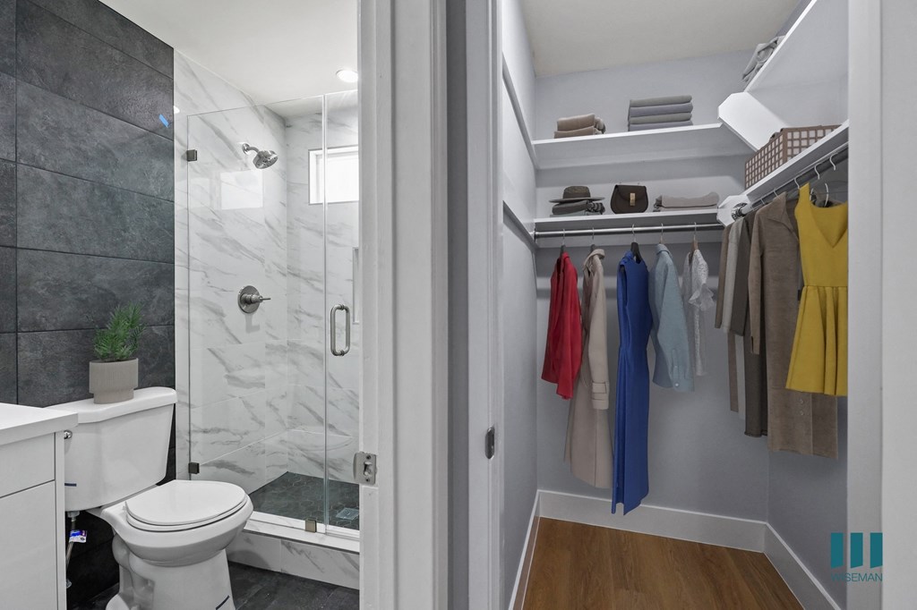 Bathroom with Walk-In Shower and Walk-In Closet with Shelving
