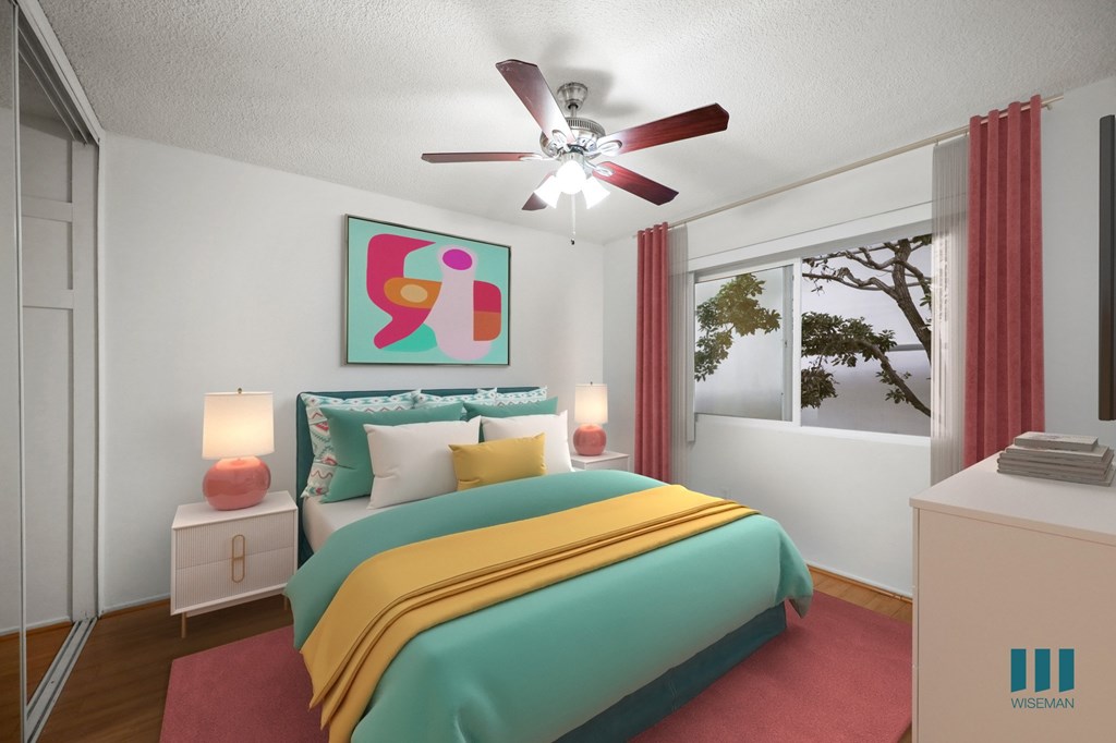 Bedroom with Mirrored Closet, Vinyl Flooring, Ceiling Fan, and Windows